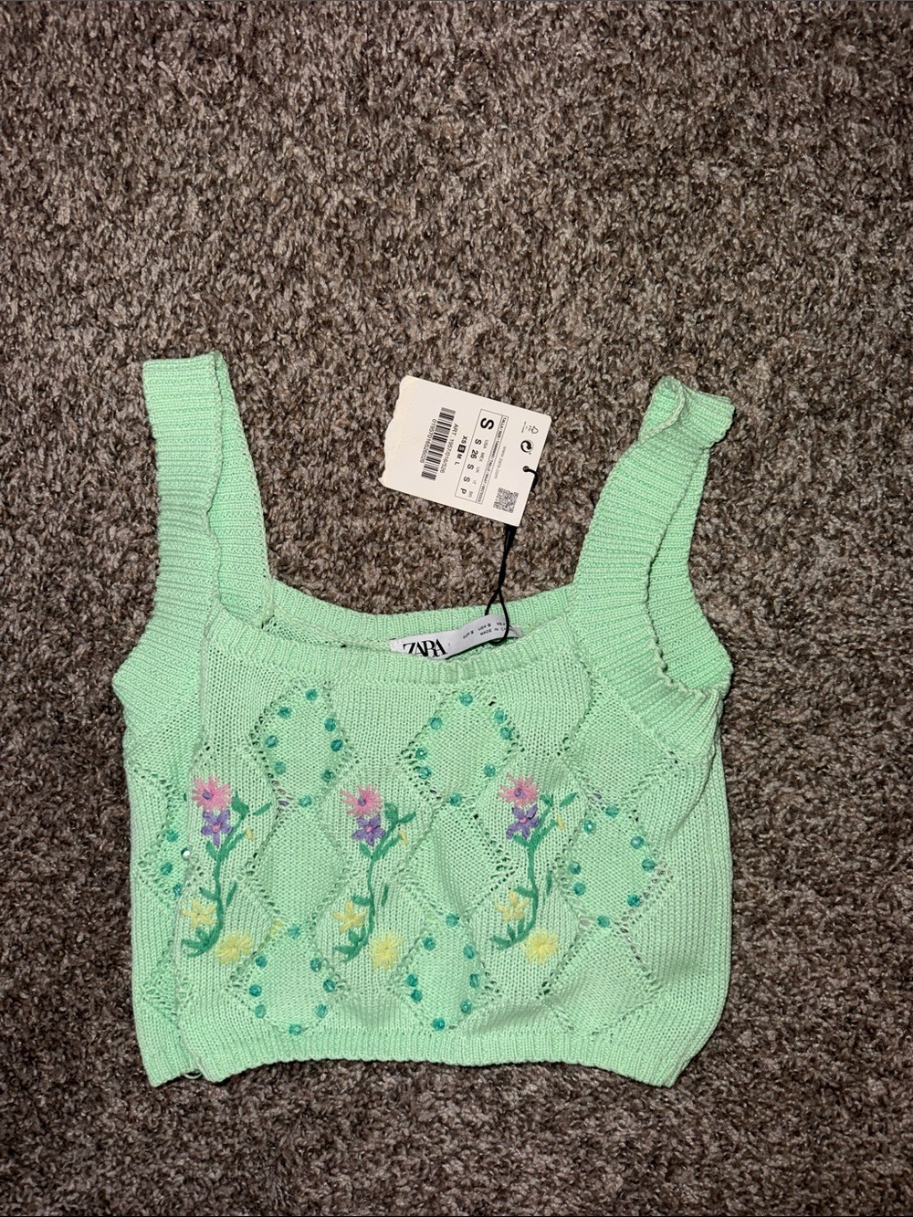 Zara Mint Green Floral Embroidered Knit Tank